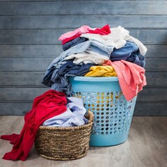 Heap of dirty clothes and laundry basket