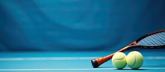 A pickleball tennis racket is on the court against a blue background with copy space image. The scene includes a sport court and ball.