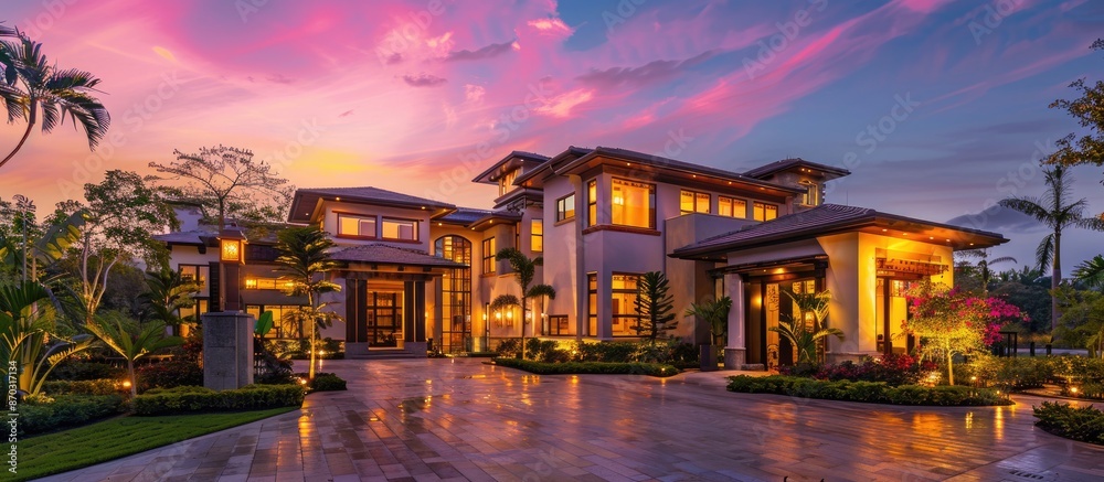 Aufkleber beautiful luxury home exterior at twilight with colorful sunset sky. copy space image. place for add