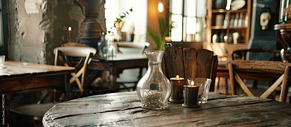Poster interior of room with glass vases and metal candle holder placed on wooden tables. with copy space i