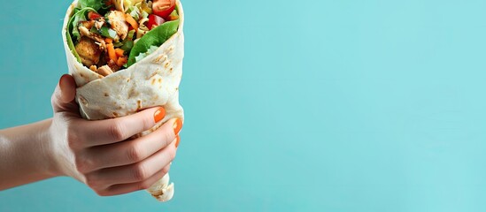 Close-up of a woman holding a tasty chicken shawarma against a light blue backdrop, with a designated area for text in the image. with copy space image. Place for adding text or design