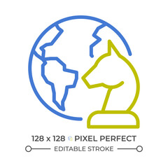 Geopolitics two color line icon. International governance. Global diplomacy. World map. Foreign relations bicolor outline symbol. Duotone linear pictogram. Isolated illustration. Editable stroke