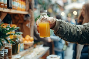 Close up of hands passing bottle with fresh juice to customer at store counter, focus on hand and drink closeup. Young man selling orange liquid in glass jar for businessman during market day, blurred