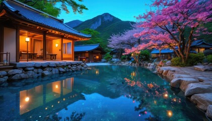 Obraz premium Tranquil Japanese Garden with Cherry Blossoms and Reflection.