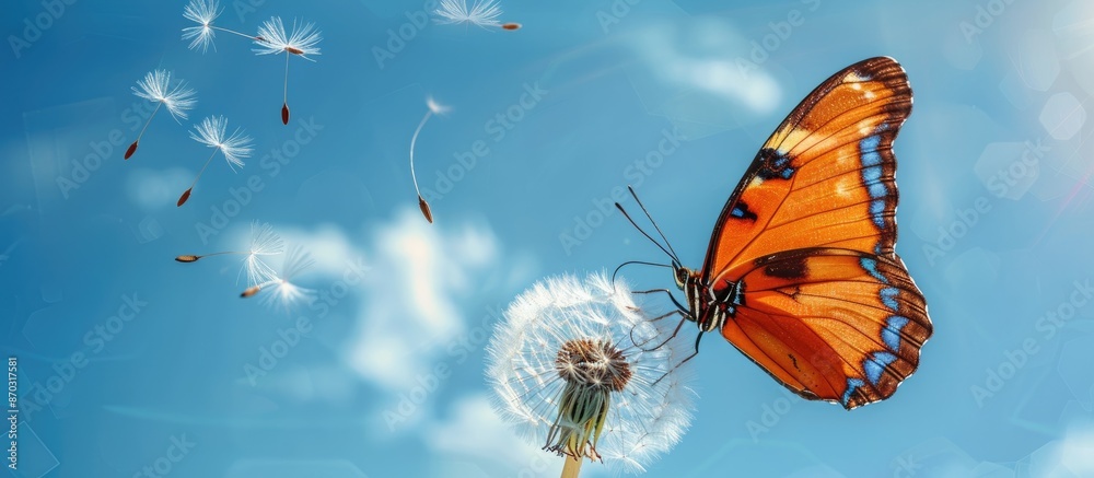Poster morpho butterfly on dandelion with seeds against blue sky backdrop, perfect for copy space image.