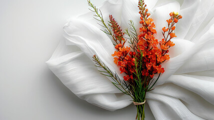 A minimalist photograph featuring a bouquet of orange flowers arranged on a white fabric against a plain white background