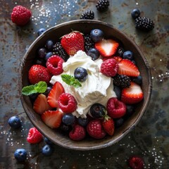 Obraz premium Summer berries with whipped cream in a rustic bowl.