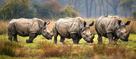 Fototapeta premium one horned rhinos at Pobitora wildlife sanctuary. Copy space image. Place for adding text or design