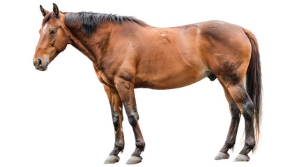 the whole body of the brown horse animal looking front isolated on a white background