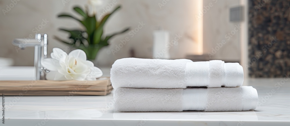 Poster a panoramic photograph showing towels placed on a marble table, with a clear area for additional ima