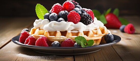 Delicious waffles topped with fresh berries and cream, ideal for any breakfast or brunch menu, creating an appetizing copy space image.