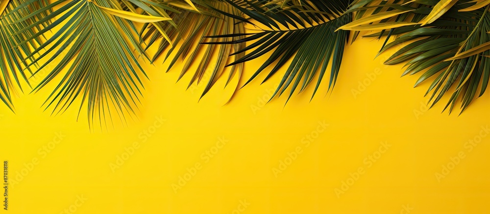 Poster top view of tropical palm leaves on a vibrant yellow backdrop with ample copy space image, embodying