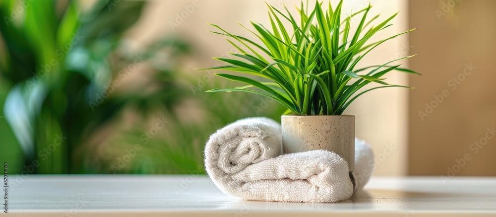 Poster a neat bath towel and a green houseplant placed on a white table with space for additional content i