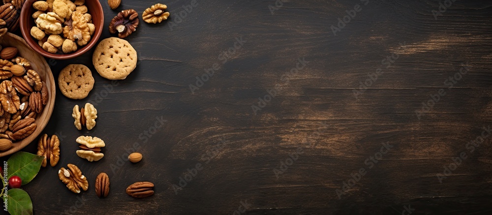 Aufkleber Top-down view of a classic walnut cracker and walnuts on a textured dark background with ample space for text or images.