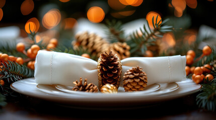A close-up of a white napkin ringed with a gold pine cone, set on a white plate with decorative greenery and orange berries