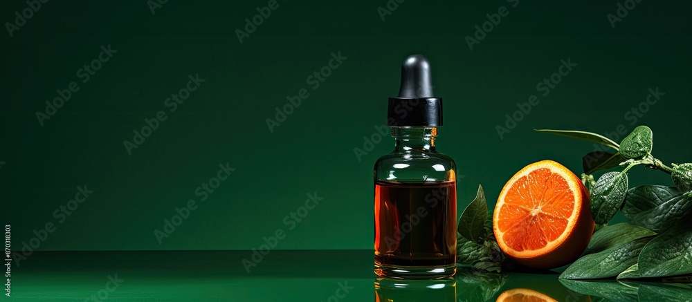 Aufkleber a dark bottle with a dropper containing mandarin oil set against a green backdrop with copy space im