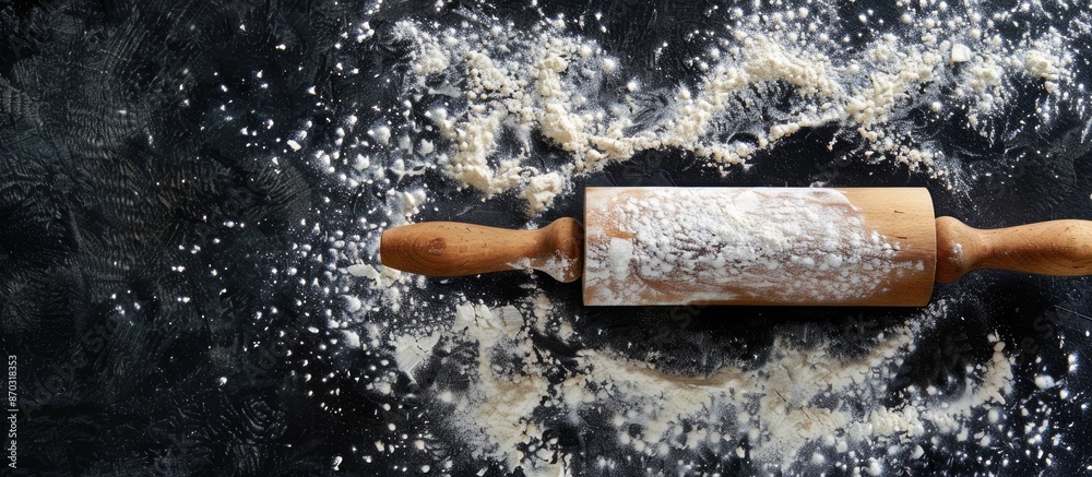 Poster Top view of a rolling pin dusted with flour on a black backdrop, perfect for adding text or visuals, creating a baking-themed copy space image.