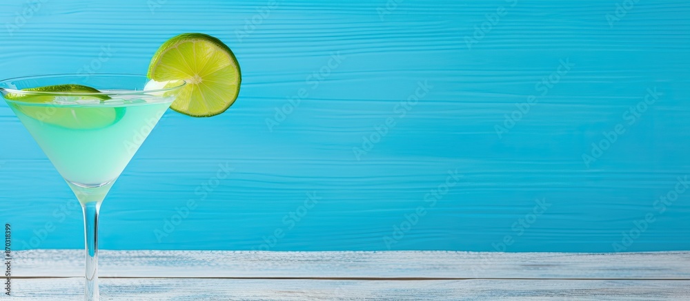Aufkleber top-down view of lime drop martini cocktail on light blue wooden surface with ample room for text ar