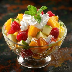 Tasty fruit salad with whipped cream and mint leaves.