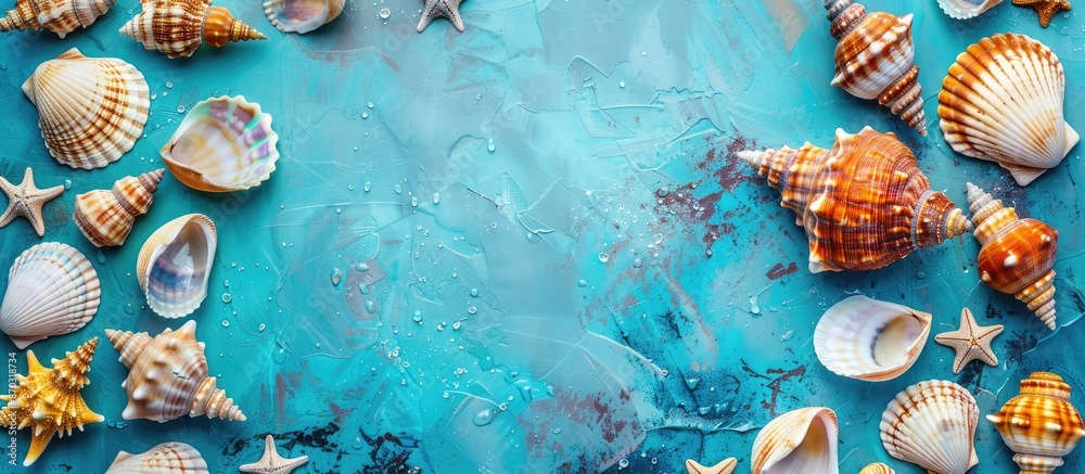 Poster Seashells arranged on a vibrant blue backdrop with copy space image.