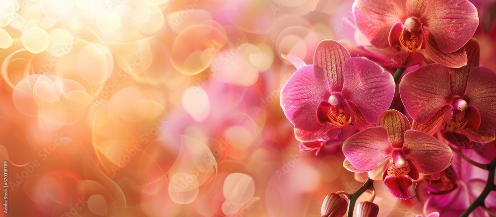 Poster orchid flowers blooming against an abstract backdrop with copy space image.