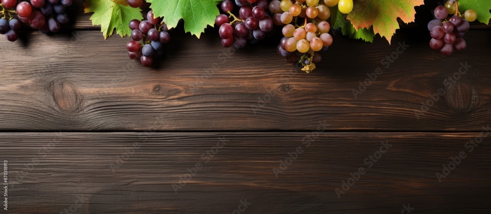 Poster Top down view of assortment of wine bottles and grapes displayed on a rustic wooden surface, providing a blank area for text or design known as a copy space image.