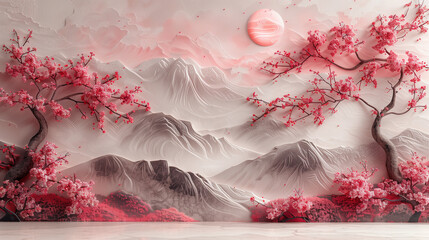 Beautiful sakura tree and mountain 3d Wall art