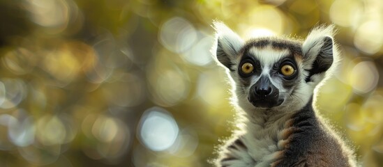 Blurry backdrop with a charming ring-tailed lemur in a close-up portrait, providing room for text in the image. with copy space image. Place for adding text or design