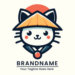 Cultural and traditional cat logo with a modern twist featuring a cat in a traditional hat suitable for cultural brands or events