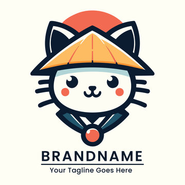 Cultural and traditional cat logo with a modern twist featuring a cat in a traditional hat suitable for cultural brands or events