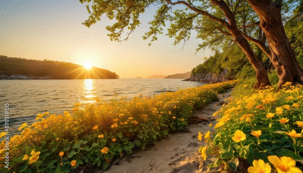 Canvas Prints golden sunset on the coast with yellow flowers.