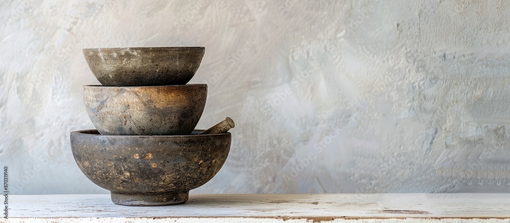 Poster stacked bowls and mortar and pestle. with copy space image. place for adding text or design