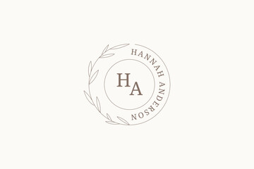 Floral tree branch with leaves circle line logo monogram design template vector illustration