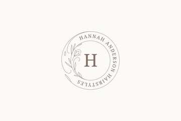 Elegant flourish botanical circle outline logo monogram design template vector illustration
