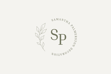 Romantic tree branch with leaf circle outline logo design template vector illustration
