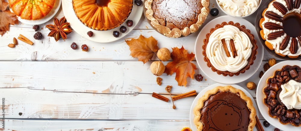 Aufkleber a variety of classic fall desserts arranged on a table scene with a white wood background in an over