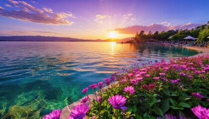 Sunset over Lake with Purple Flowers.