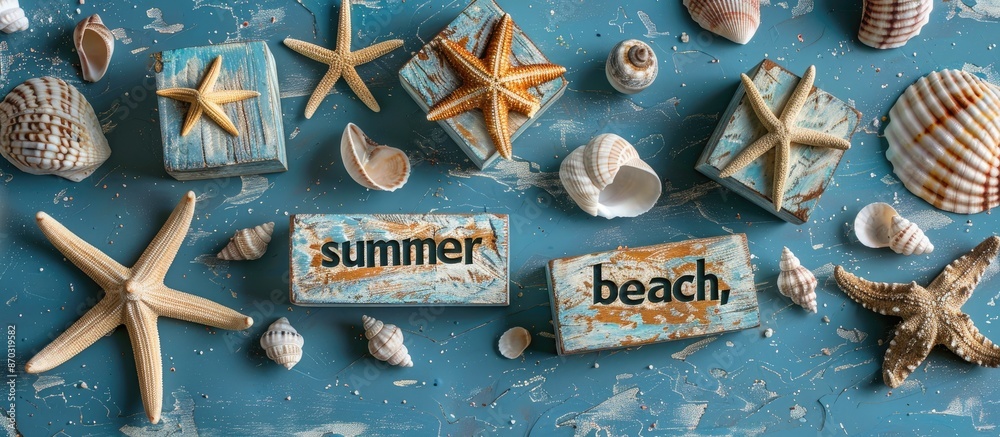 Poster seaside-themed adornments on a textured blue backdrop, featuring elements like wooden blocks inscrib