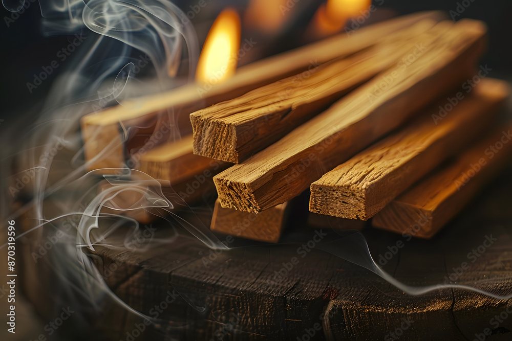 Poster Up close view of Palo Santo bars with space for text Sanctifying with sacred wood meditation and scented incense and candles