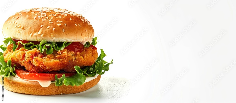 Poster Chicken burger isolated on a white background with ample copy space image.