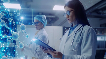 female doctor using tablet with hologram of virus