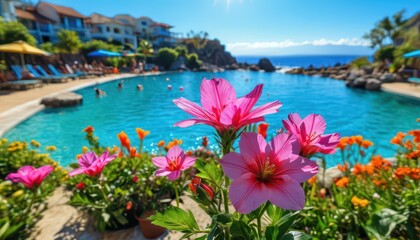 Pink Flowers Blooming by a Pool.