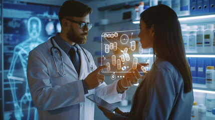 doctor with hologram of drugs, Technology of medical concept