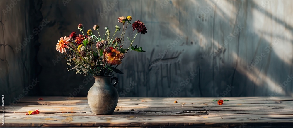 Poster wooden table with a flower vase on it showcasing copy space image opportunities.