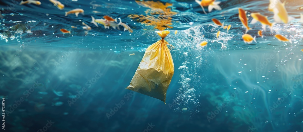Poster Plastic carrier bags and straws pollution in ocean. Copy space image. Place for adding text or design