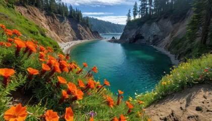 Obraz premium Orange Flowers Blooming on a Cliff Overlooking a Turquoise Lagoon.