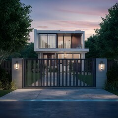 Automatic Sliding Gate and modern house, 3d illustration
