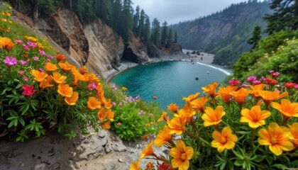 Obraz premium Orange Flowers and Hidden Cove.