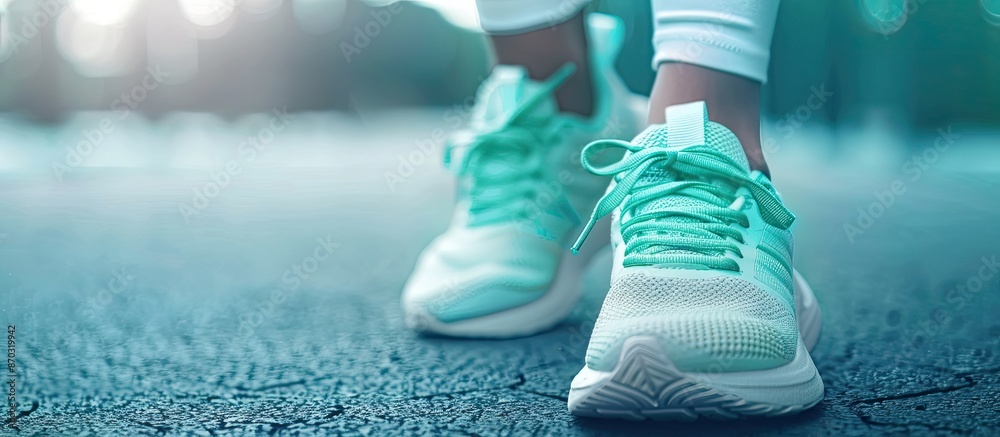 Poster close up image of stylish mint-colored running shoes, encouraging a daily running routine for a heal