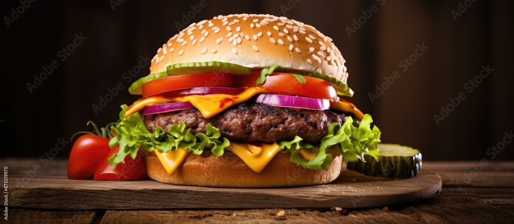 Poster Close-up photo of a classic homemade cheeseburger with beef and veggies on a wooden surface, ideal for adding text or other elements - copy space image.